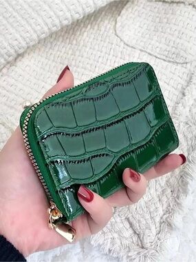 Green Crocodile-Embossed Zip Wallet